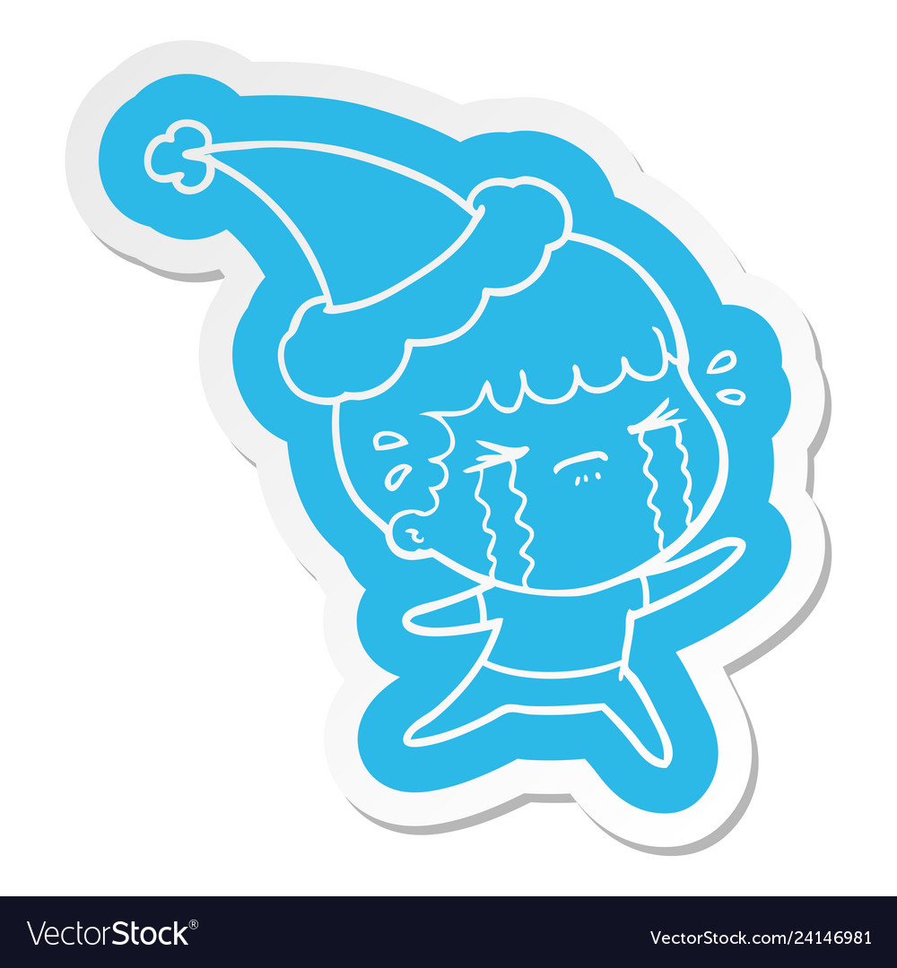 Cartoon sticker of a man crying wearing santa hat