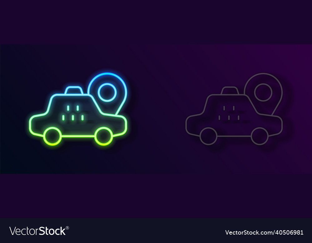 Glowing neon line map pointer with taxi car icon vector image Glowing neon line map pointer with taxi car icon