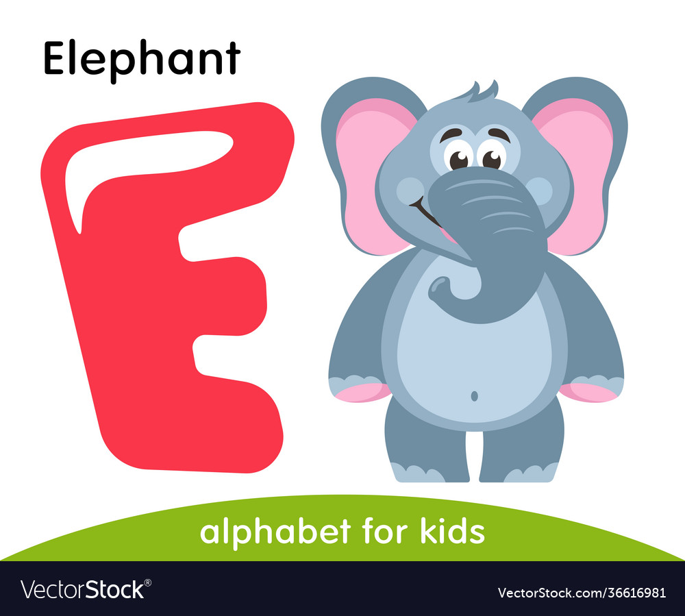 Pink letter e and gray elephant Royalty Free Vector Image