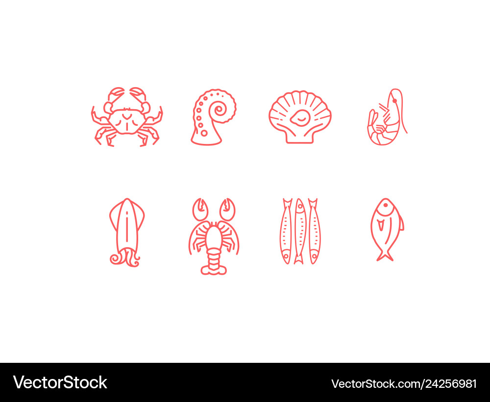 Red linear seafood icon set flat design Royalty Free Vector