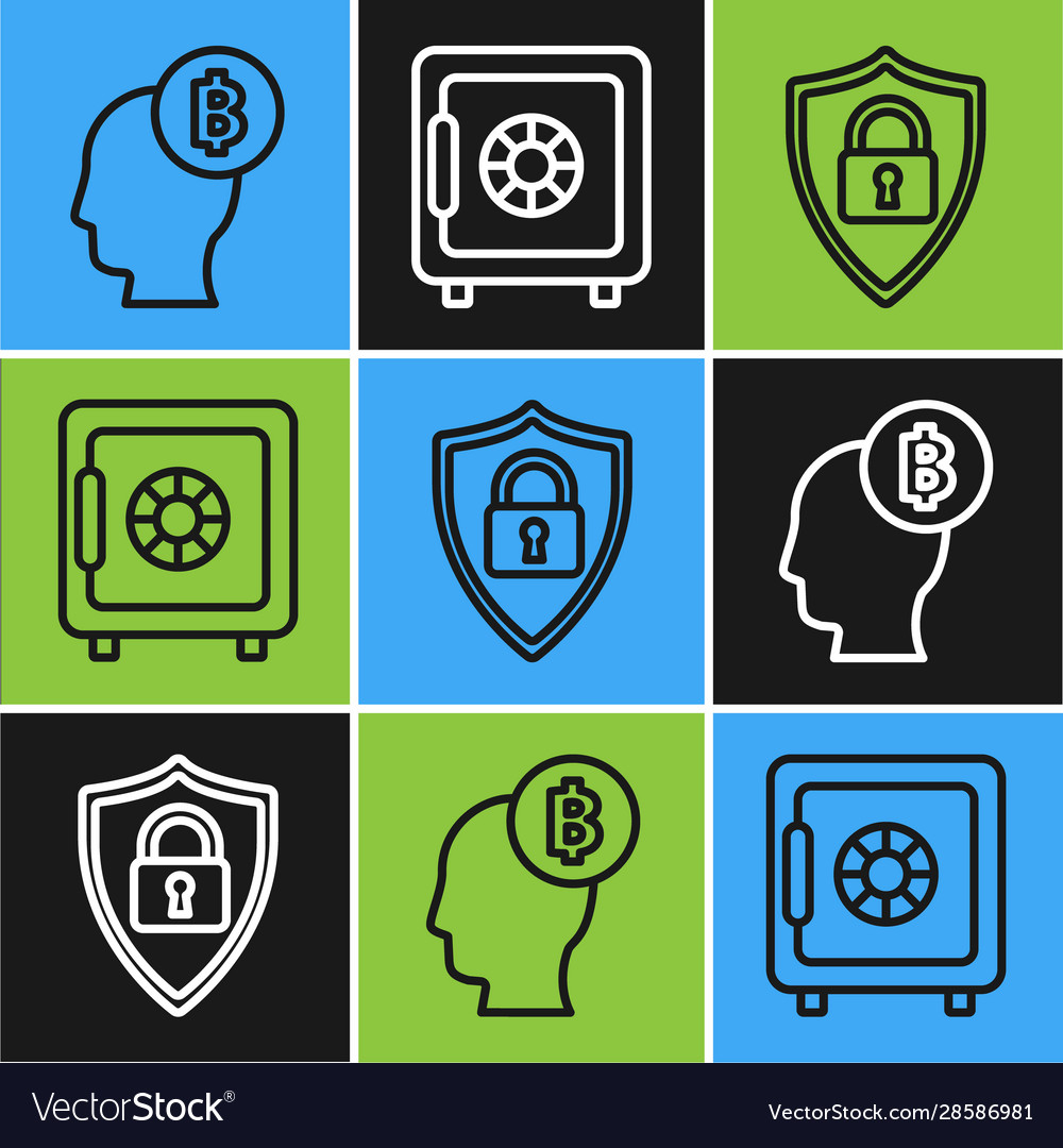 Set line bitcoin think shield security with lock vector image Set line bitcoin think shield security with lock
