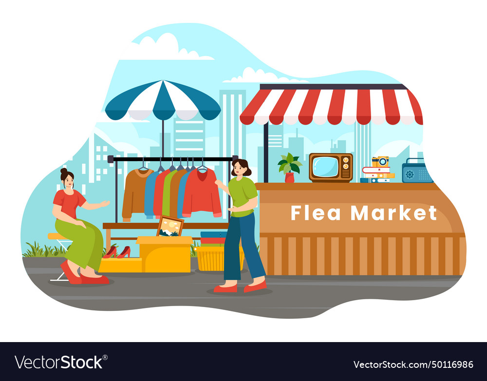 Flea market with second hand shop shoppers Vector Image