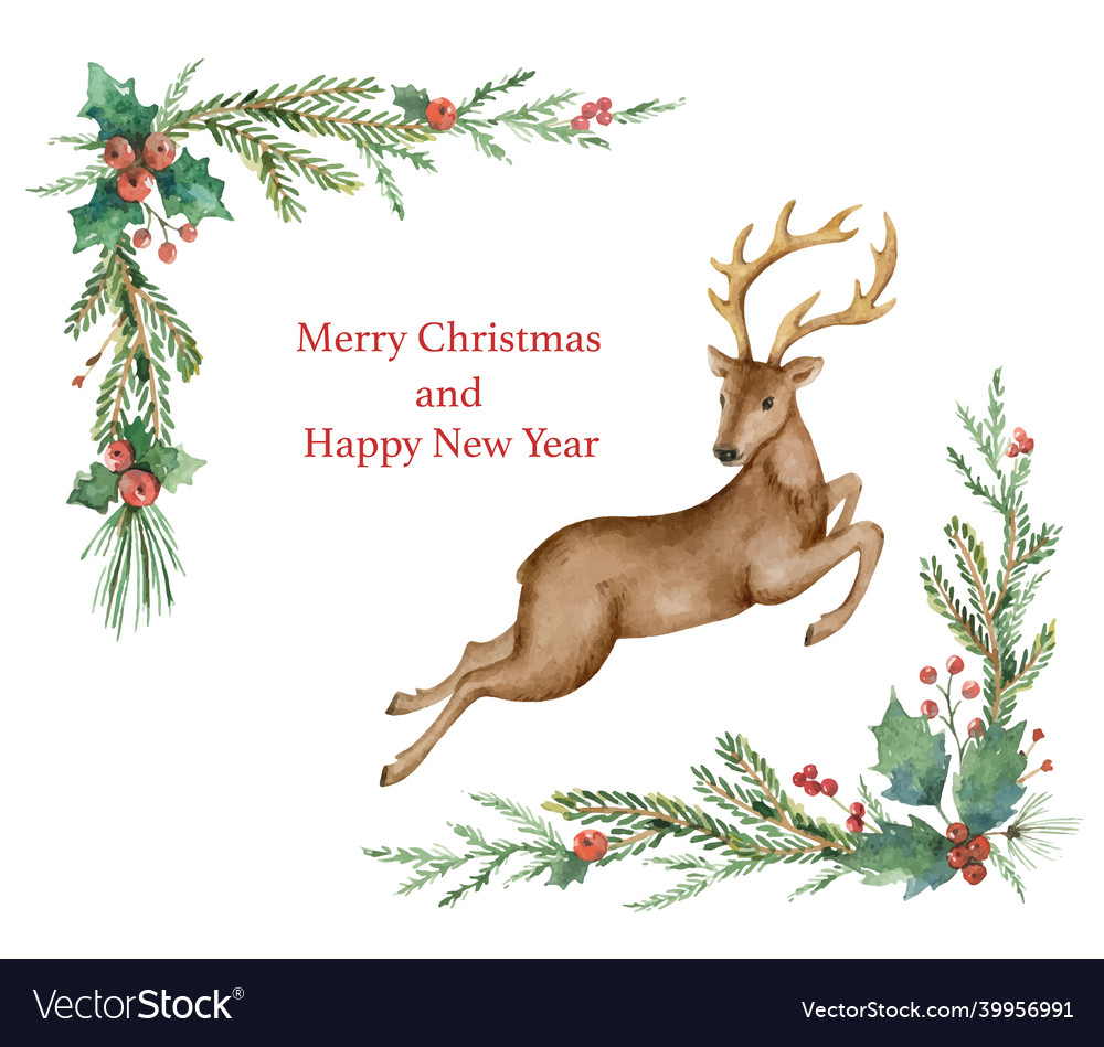 Christmas watercolor wreath with a deer vector image Christmas watercolor wreath with a deer