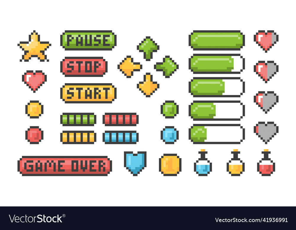Pixel Spiel Icon ui Web-Bars und Tasten für 8 Bit vector image Pixel Spiel Icon ui Web-Bars und Tasten für 8 Bit