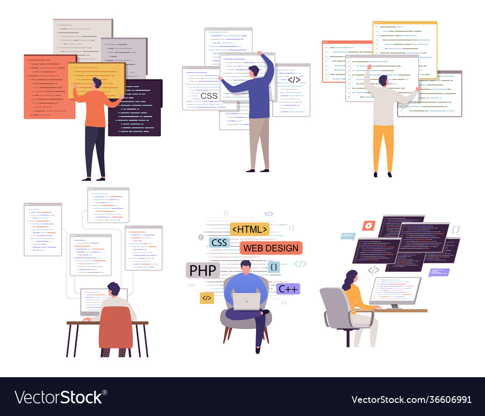 Programmer working on web development with many Vector Image
