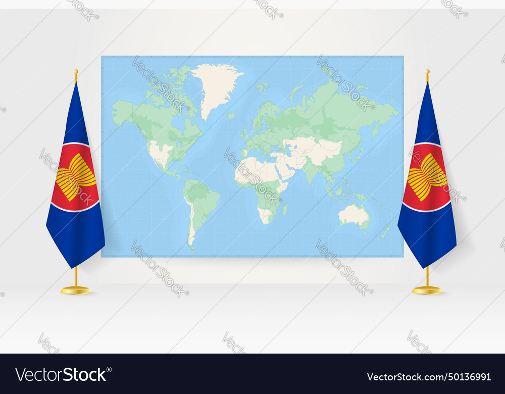World map between two hanging flags of asean flag Vector Image World map between two hanging flags of asean flag