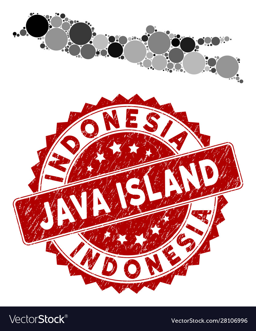 Mosaic java island map and scratched round stamp vector image Mosaic java island map and scratched round stamp