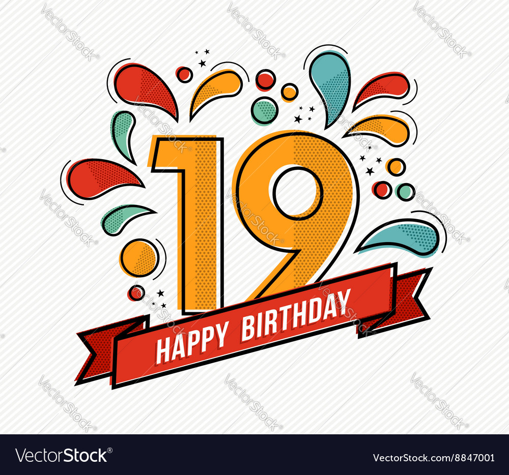 Colorful Happy Birthday Number 19 Flat Line Design