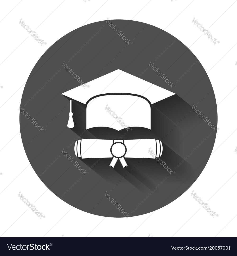 Graduation cap and diploma scroll icon in flat