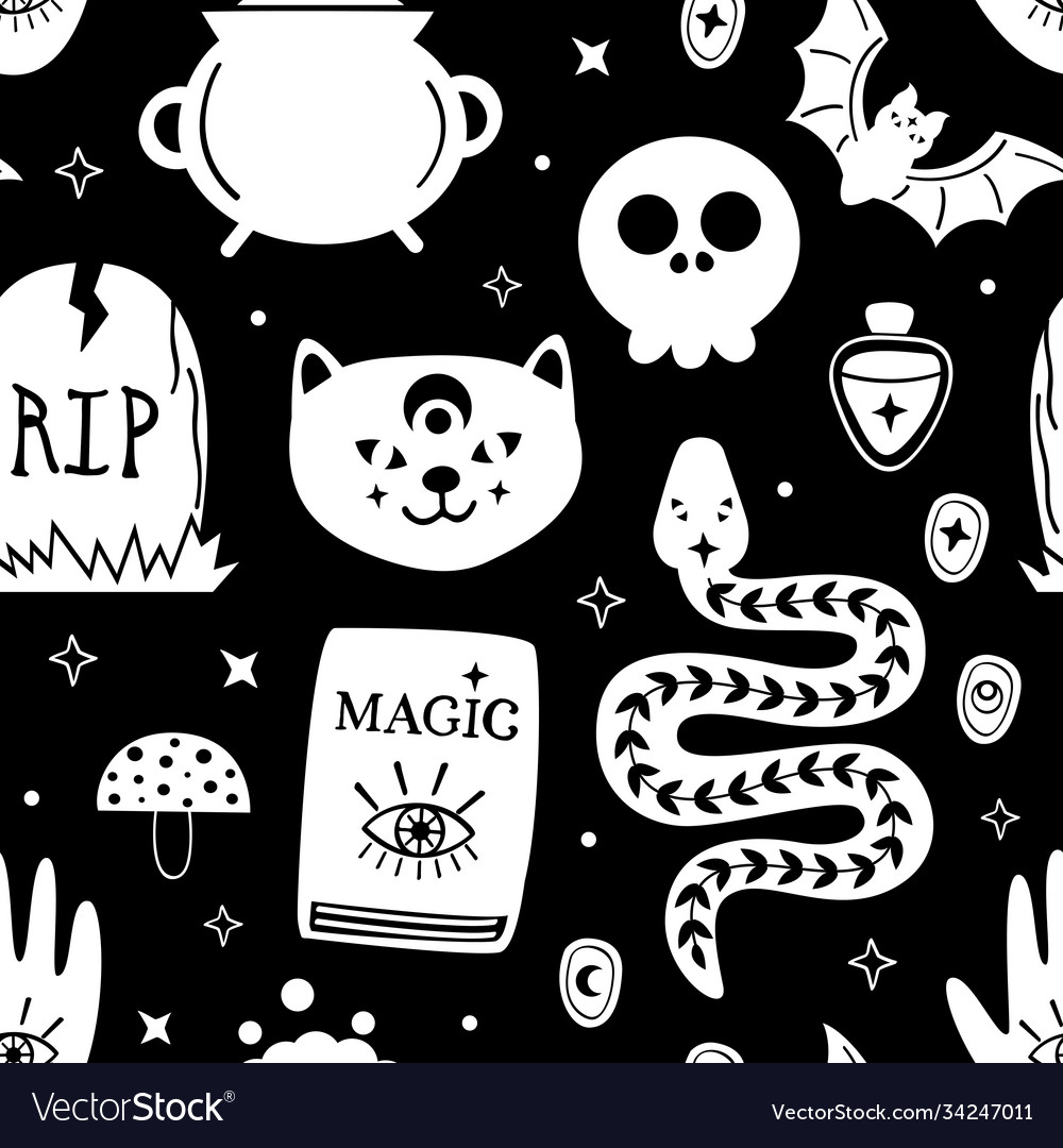 Black seamless pattern with magic design elements vector image Black seamless pattern with magic design elements