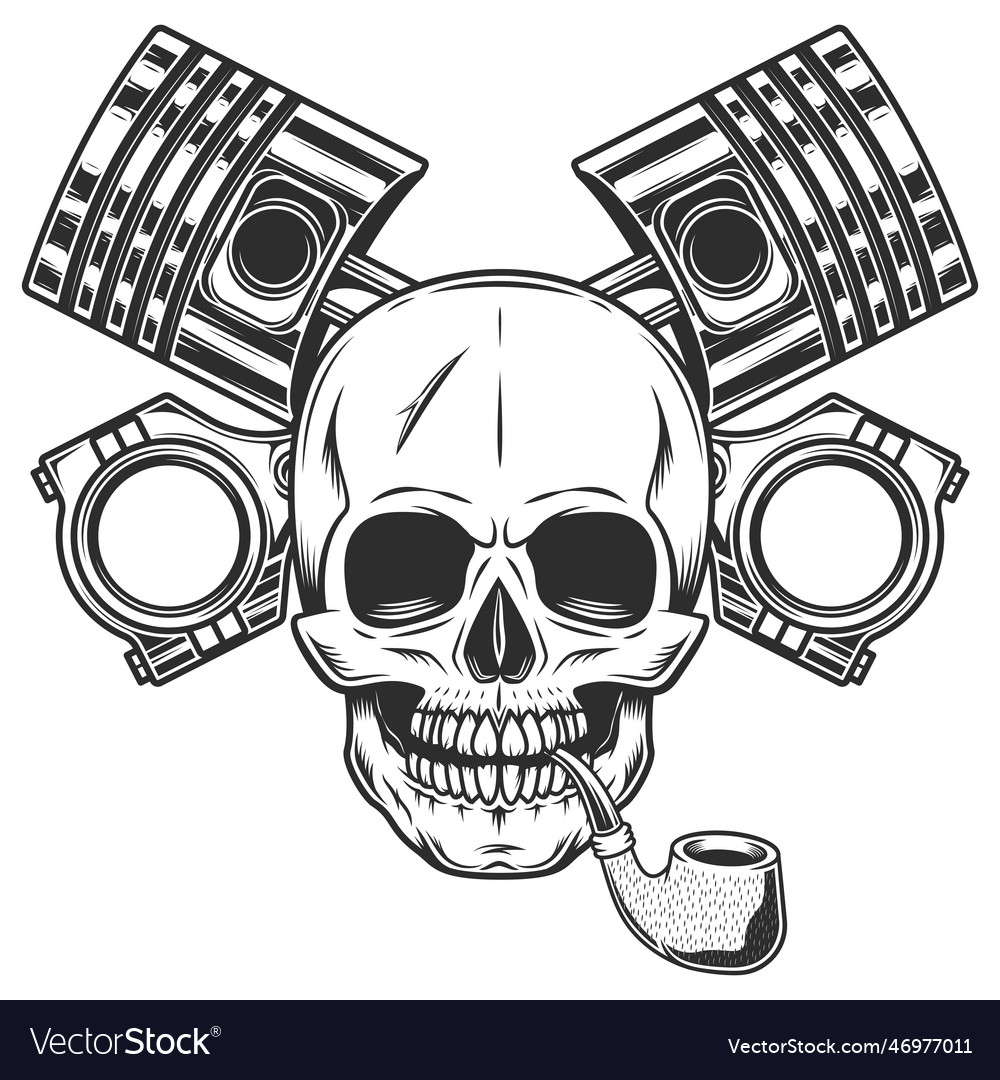 Motorcyclist skull smoking pipe and engine piston Vector Image