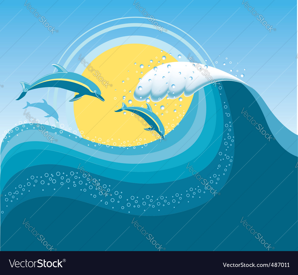 Seascape with dolphins Royalty Free Vector Image