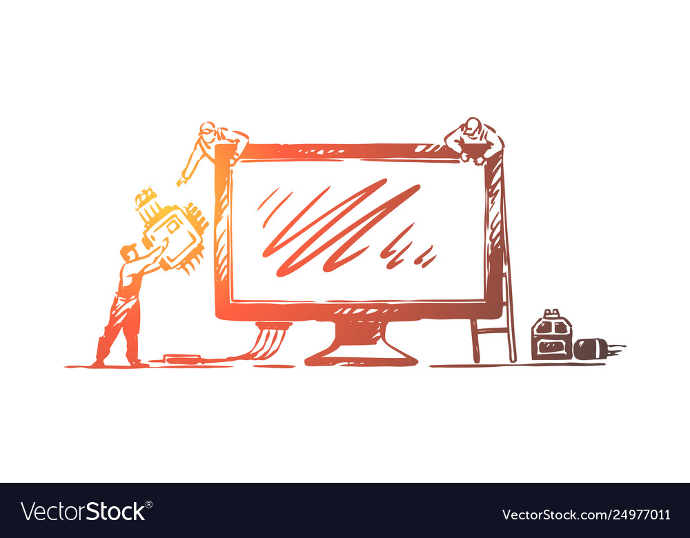 Tiny people fixing computer monitor