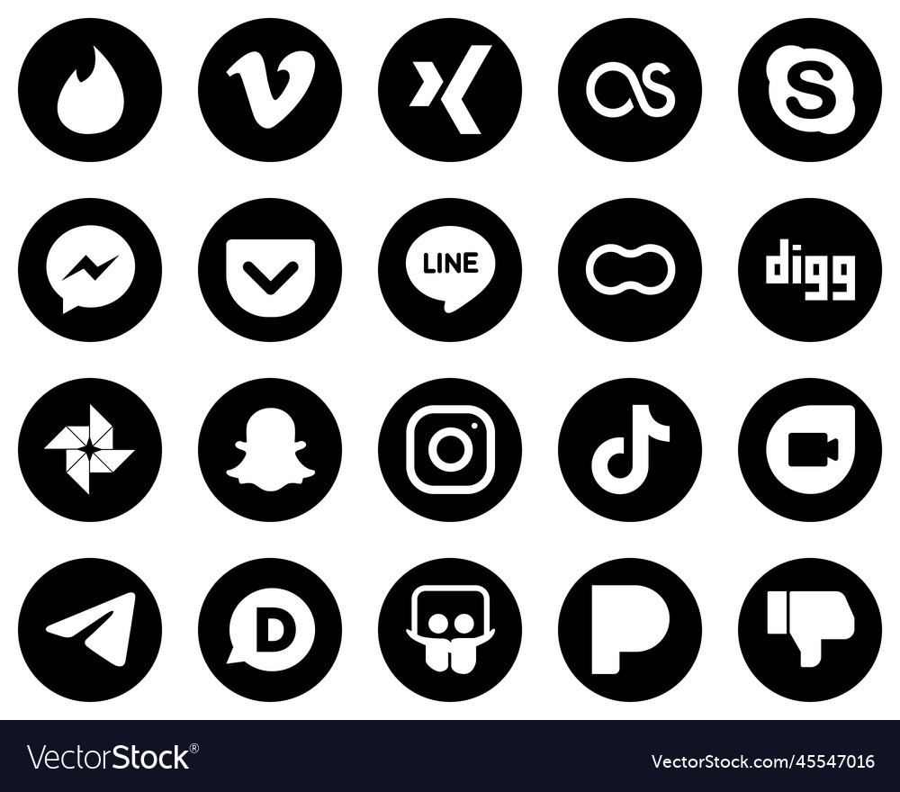 20 einfache weiße Social Media-Icons auf schwarz