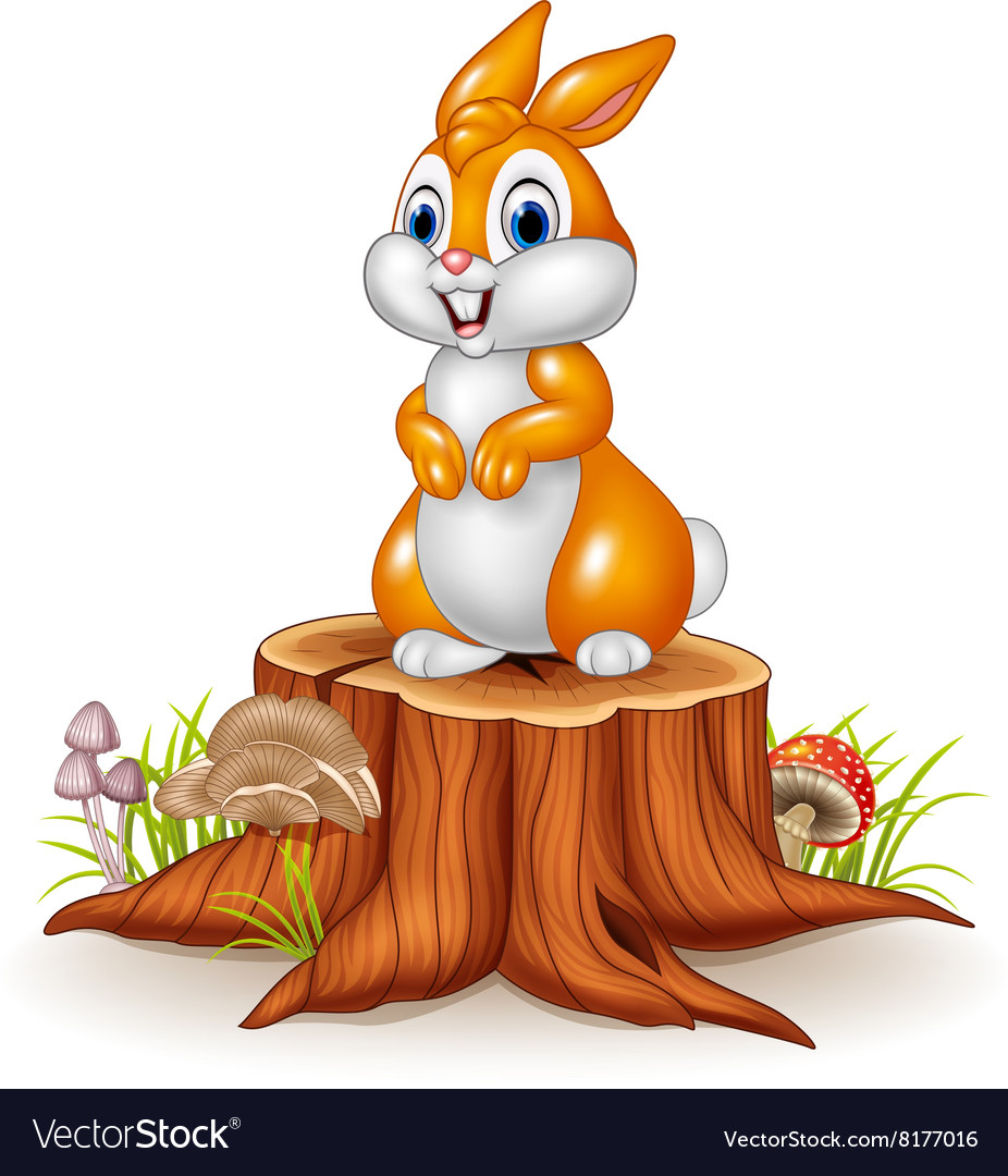 Cute bunny standing on tree stump Royalty Free Vector Image