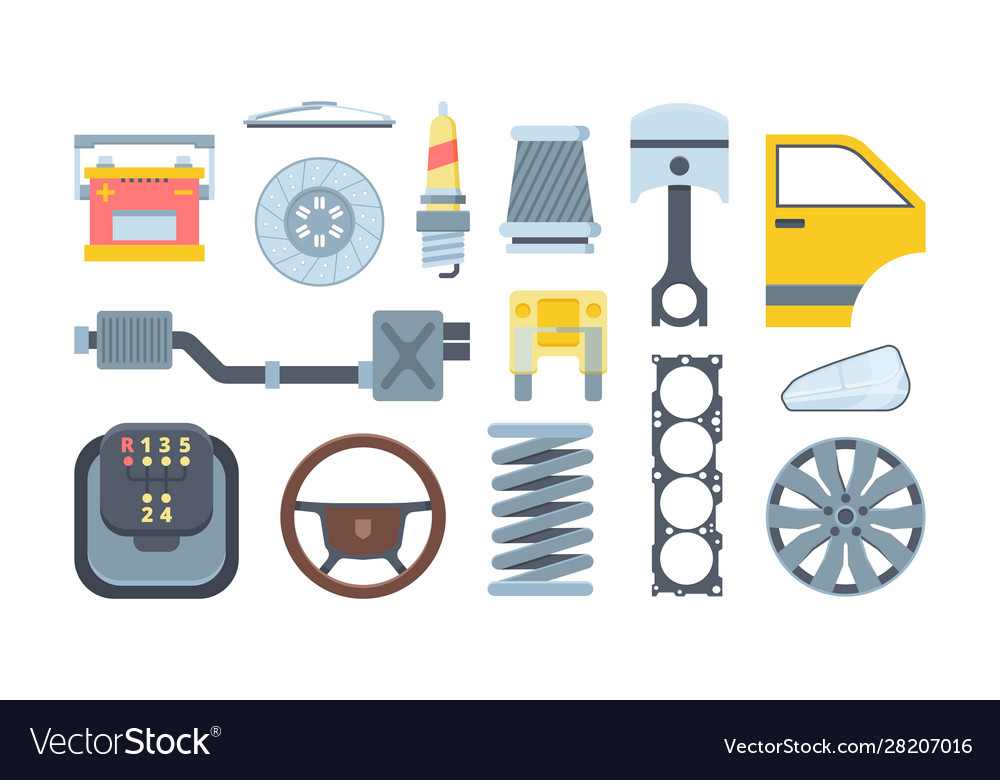 Mechanical car spare parts flat set Royalty Free Vector