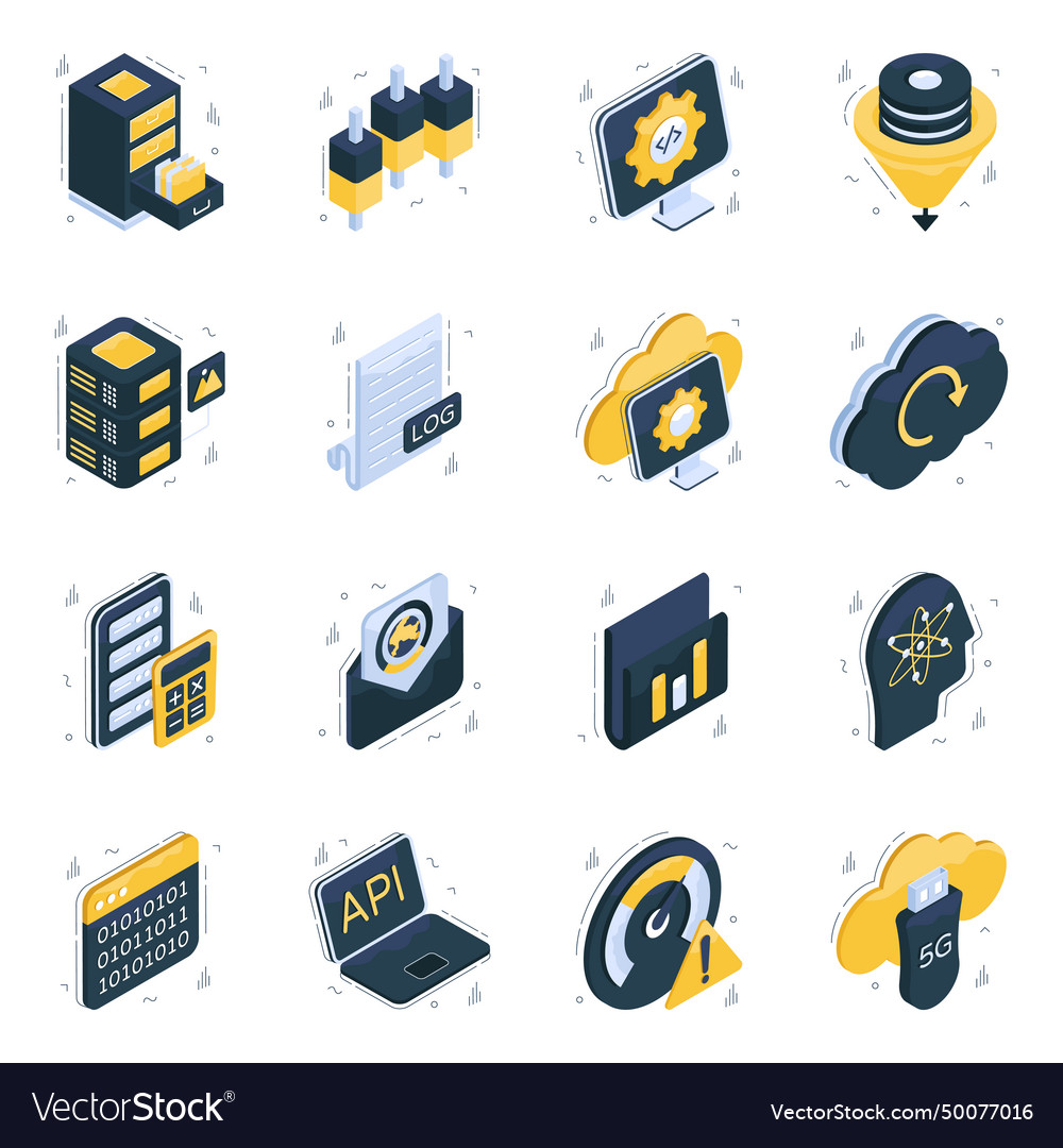 Pack of binary coding and data isometric icons vector image Pack of binary coding and data isometric icons