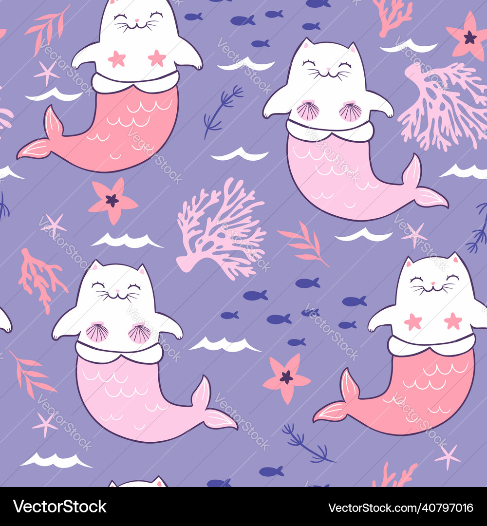 Seamless pattern with cute mermaid cats image Vector Image