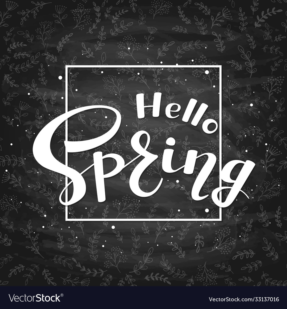 Text hello spring on black chalkboard background