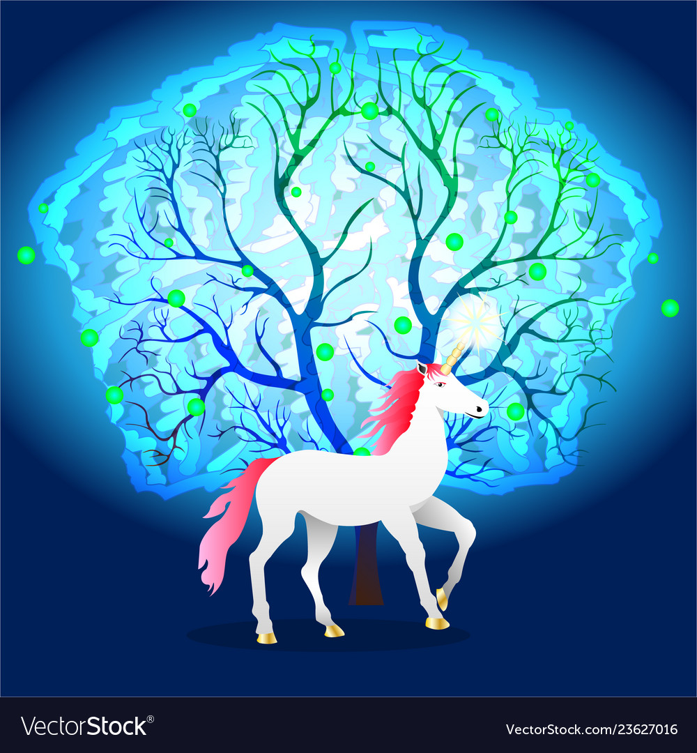 White unicorn pink mane near magical glowing tree vector image White unicorn pink mane near magical glowing tree