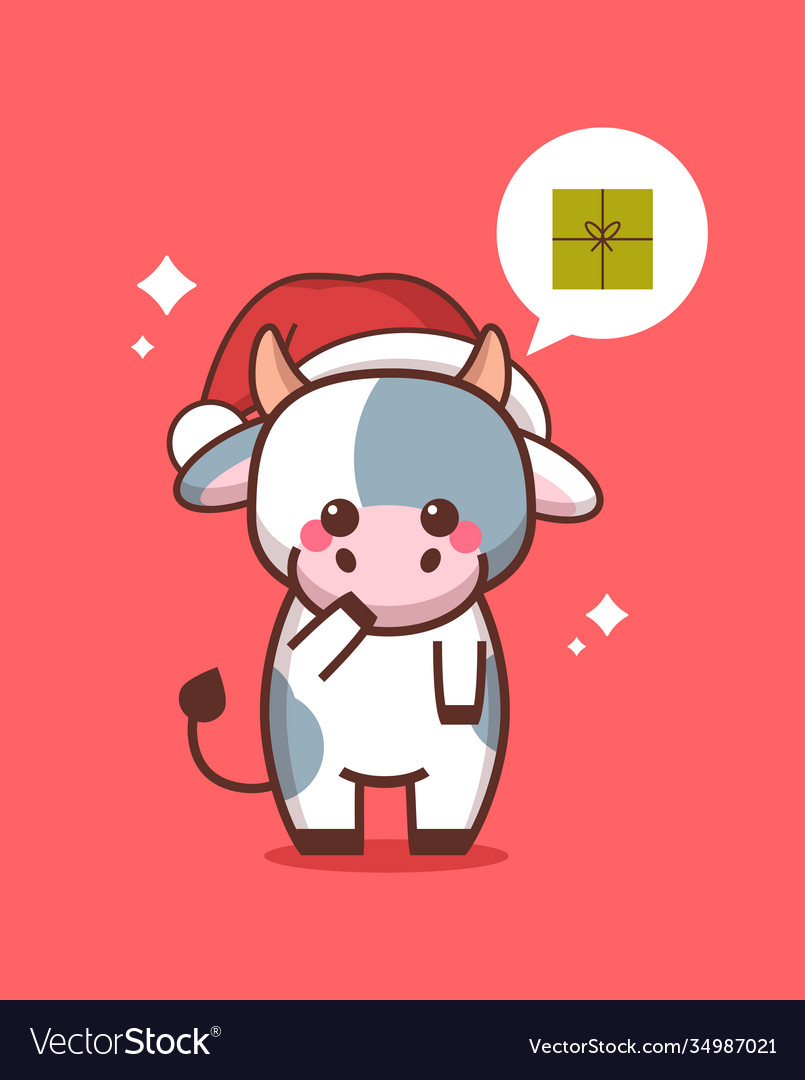 Little ox in santa hat with gift box chat vector image Little ox in santa hat with gift box chat