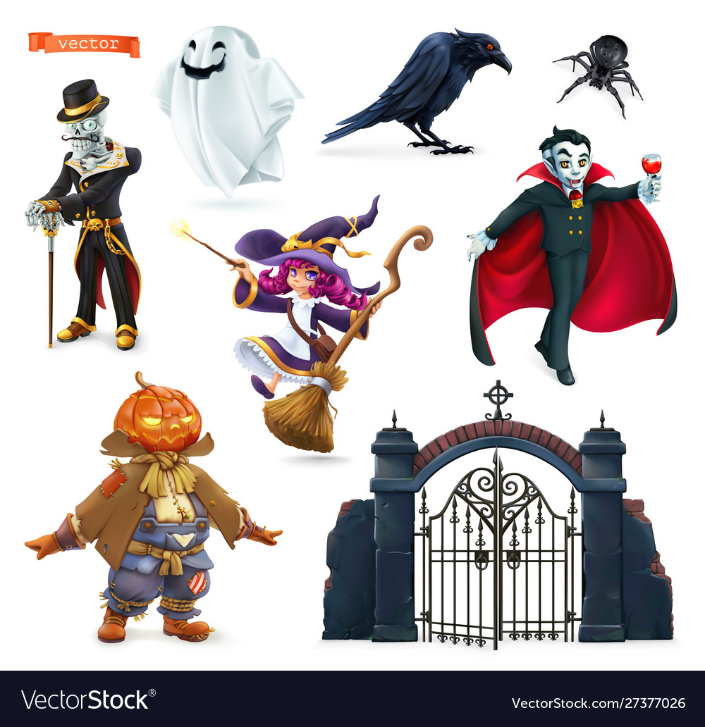 Happy halloween characters and objects 3d set Vector Image