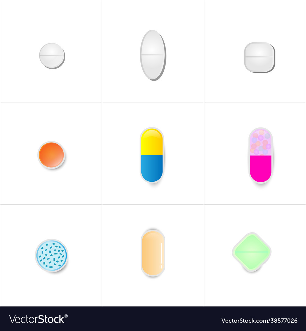 Set pills different colored objects on a white vector image Set pills different colored objects on a white