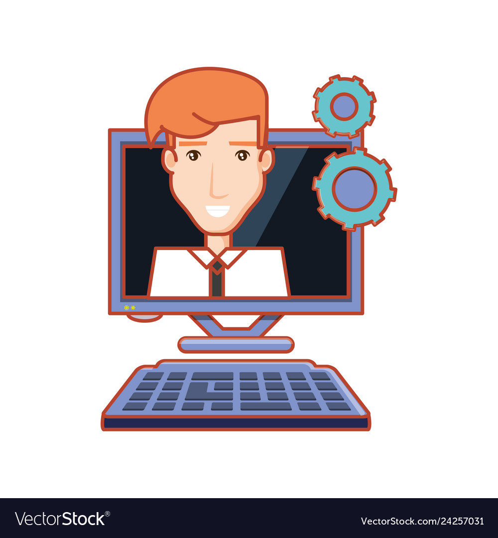 Businessman with computer desktop and gears