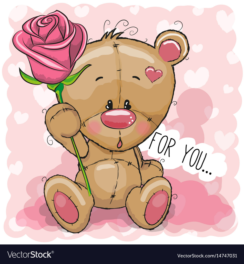 Cartoon bear with flower on a pink background Vector Image