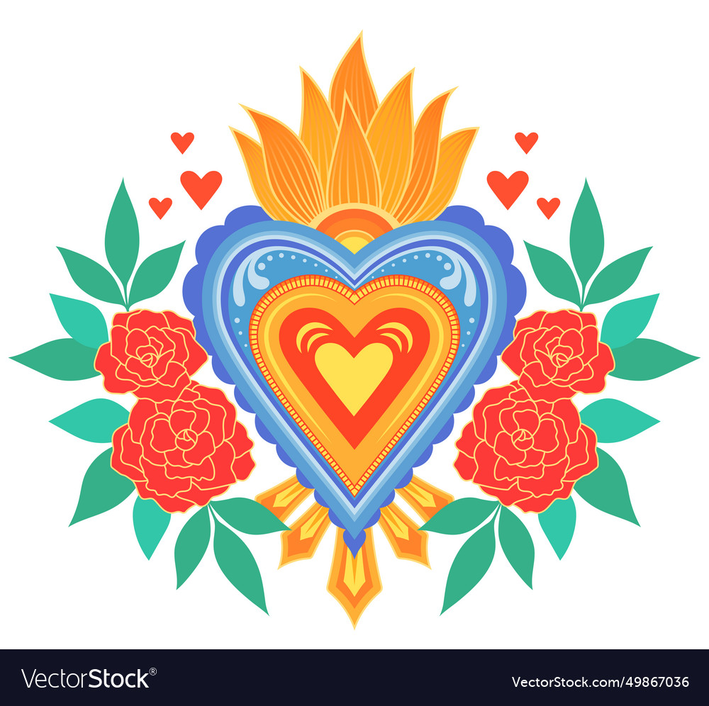 Flaming heart with roses Royalty Free Vector Image