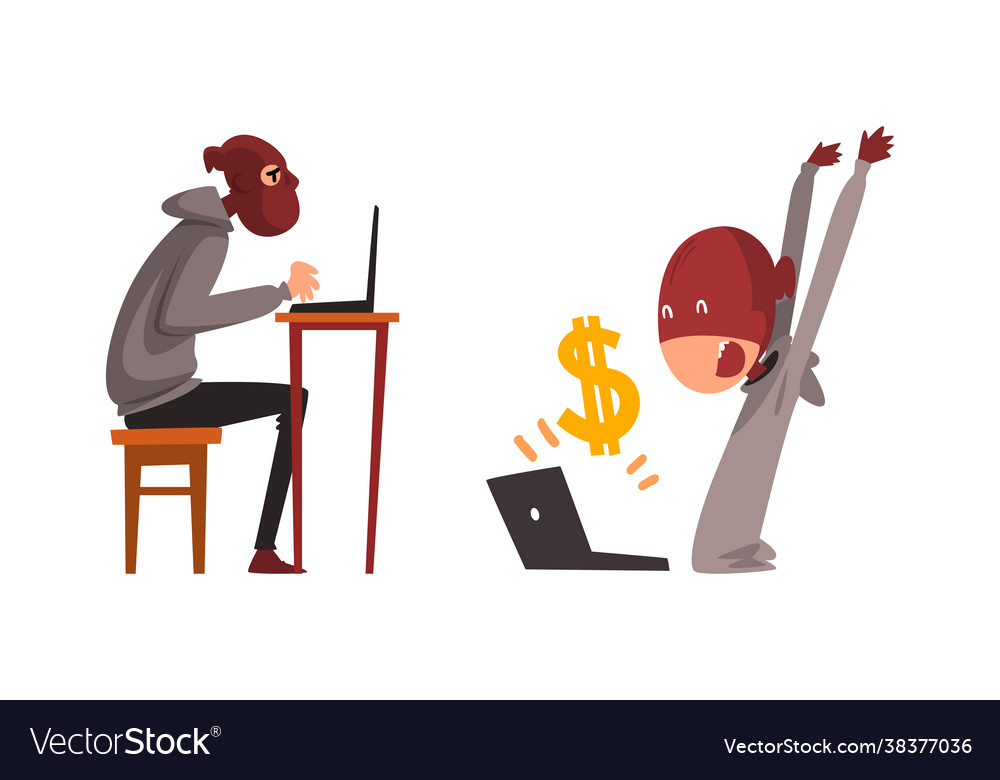Hacker in hoody and mask stealing money using vector image Hacker in hoody and mask stealing money using