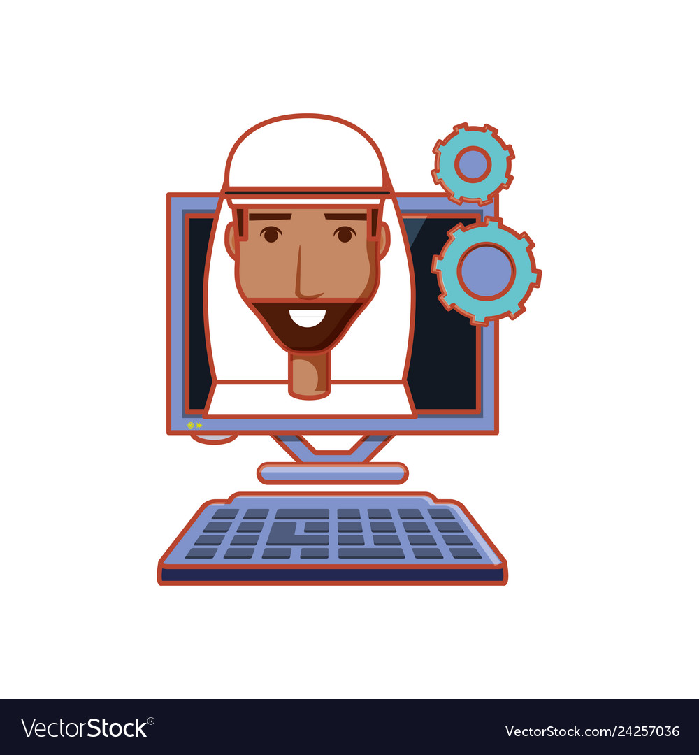 Man arab with computer desktop and gears