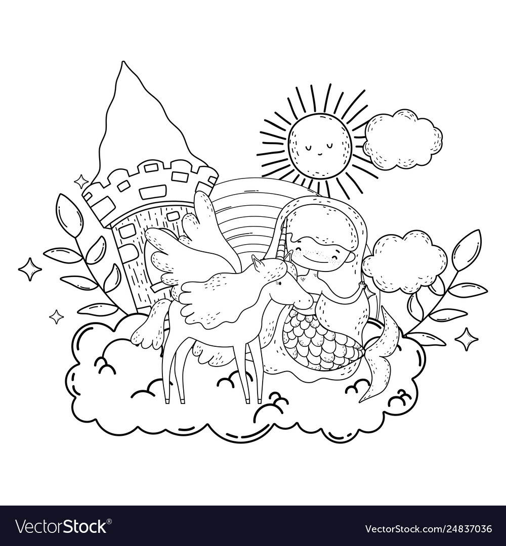 Mermaid with unicorn and rainbow in cloud Vector Image