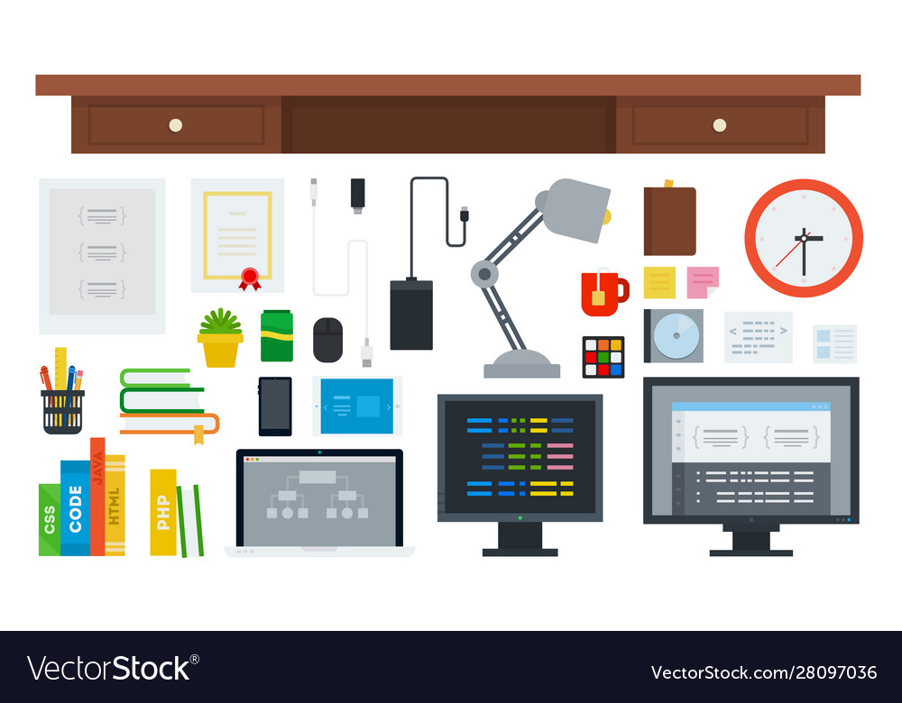 Set programming workspace icons flat vector image Set programming workspace icons flat