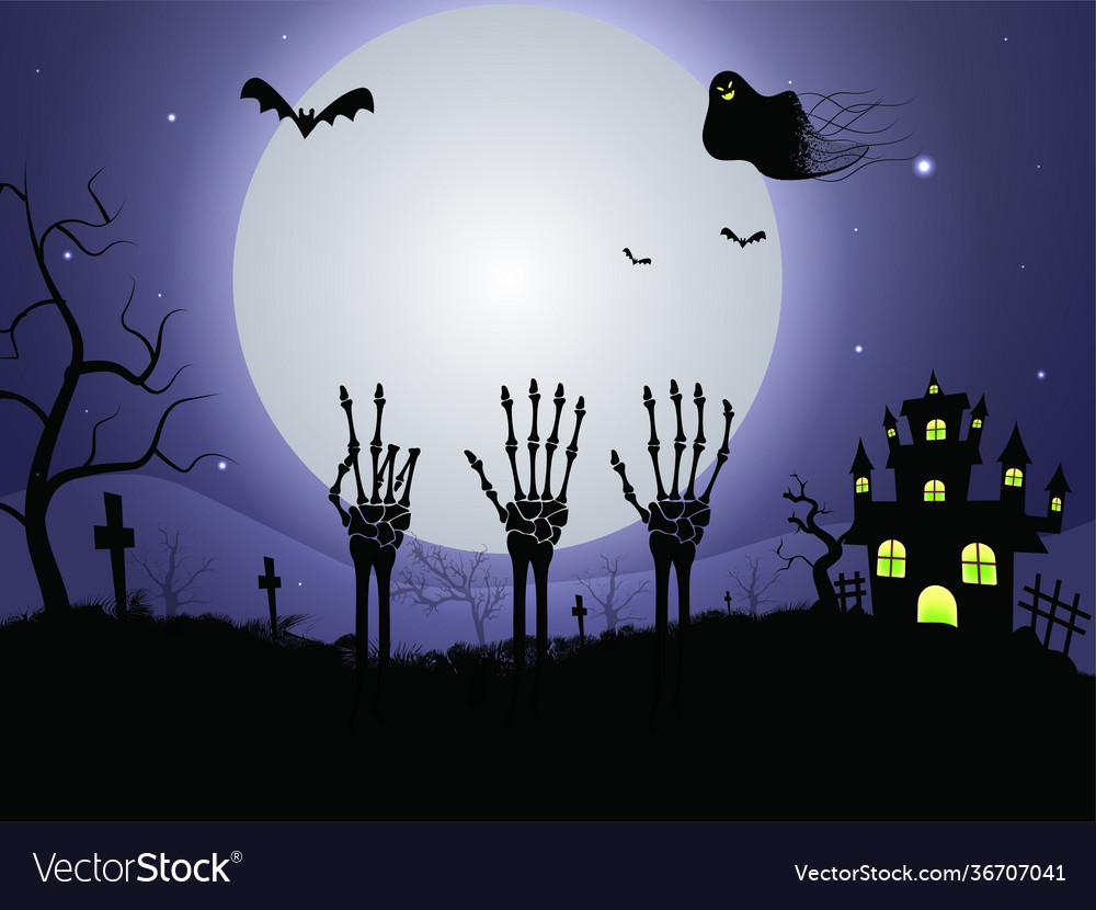 Full moon graveyard background with skeleton