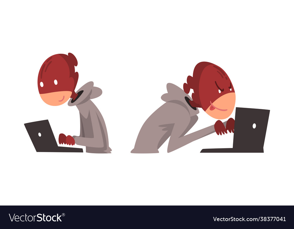Hacker in hoody and mask stealing money using