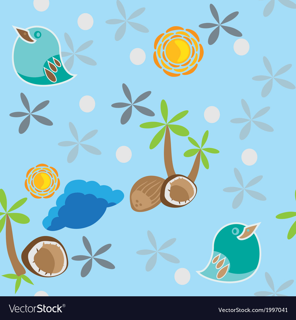Seamless pattern with bird palm tree and coconuts