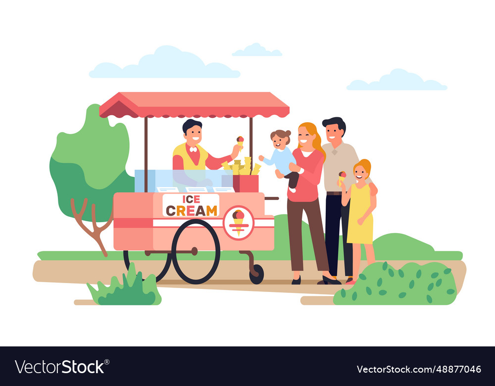 Young family with children buy ice cream at cart