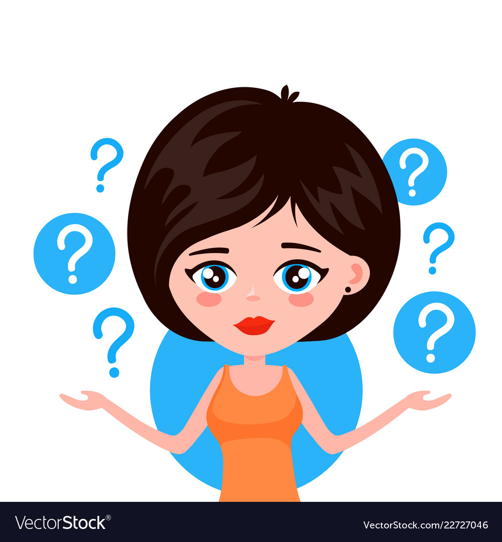 Young woman thinking standing under question