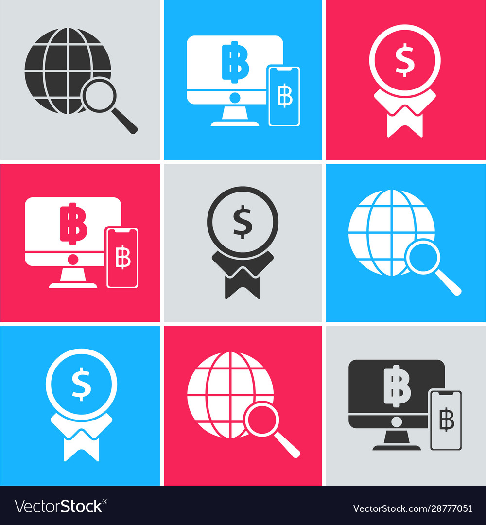 Set magnifying glass with globe computer monitor vector image Set magnifying glass with globe computer monitor