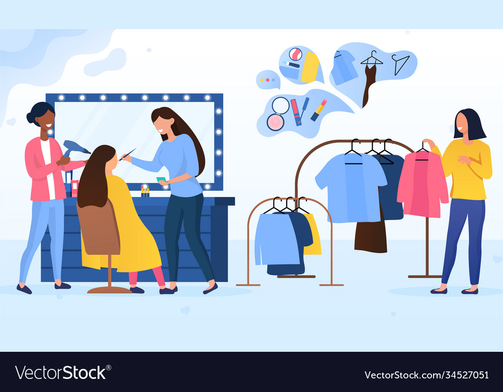 Stylist and visagist creating new image for client Vector Image Stylist and visagist creating new image for client