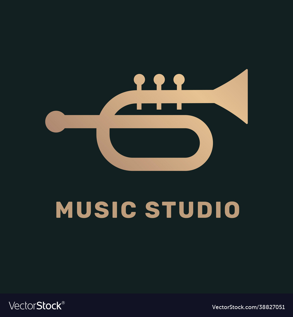 Trumpet flat music logo design in black and gold