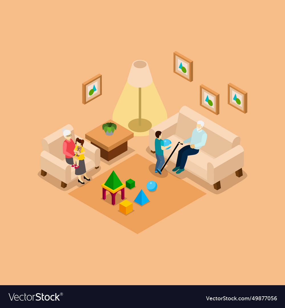 Grandparents with children home isometric banner