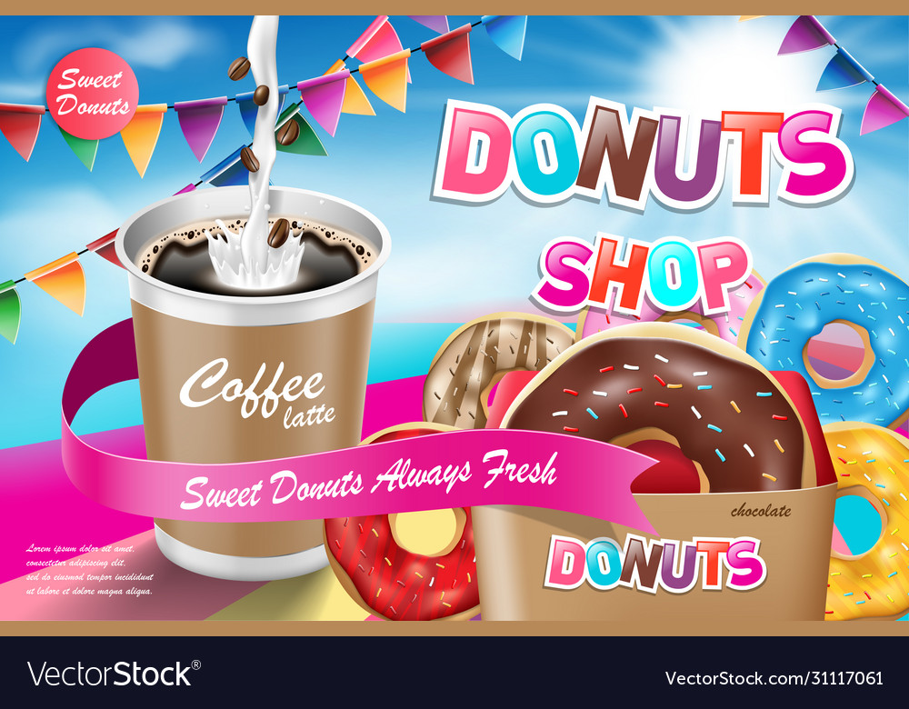 Delicious donut ads with latte coffee advertising Vector Image