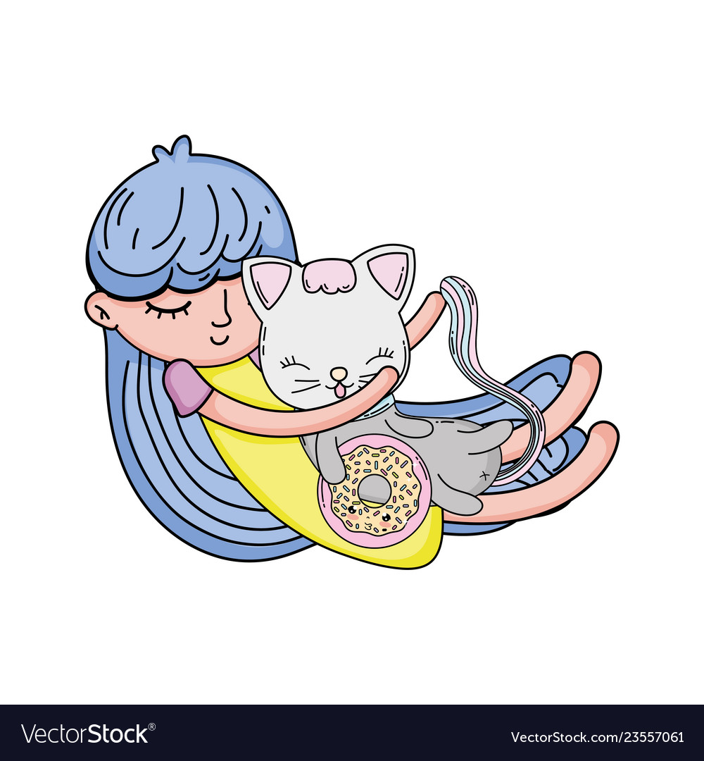 Little girl with cat kawaii character