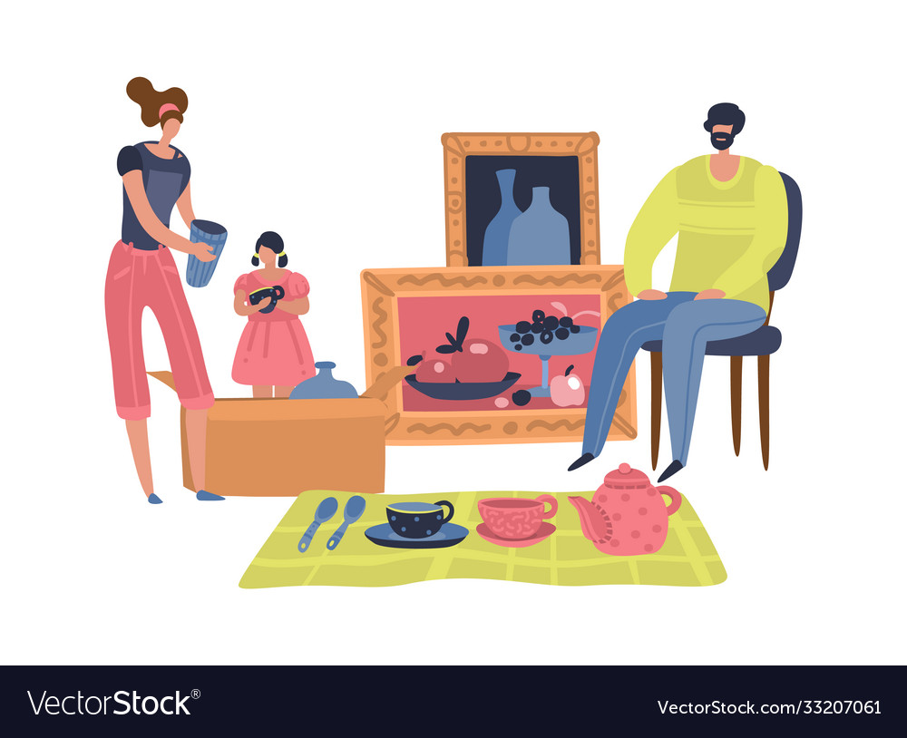 people-selling-second-hand-clothes-items-at-street-17793933-vector-art