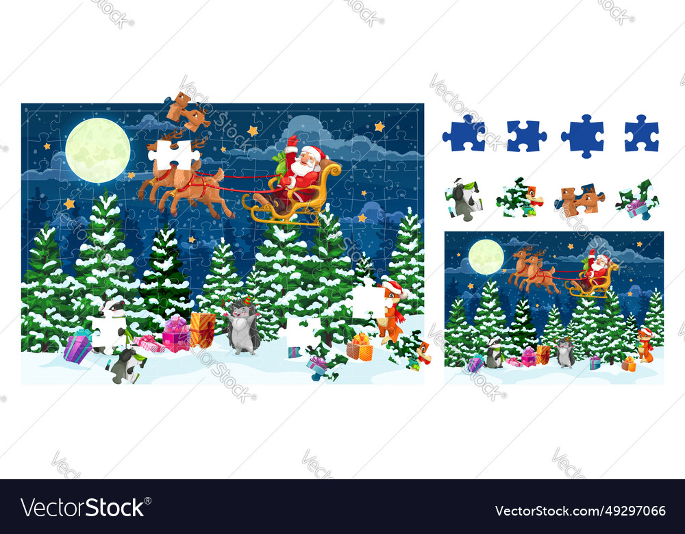 Christmas jigsaw puzzle game pieces worksheet Vector Image