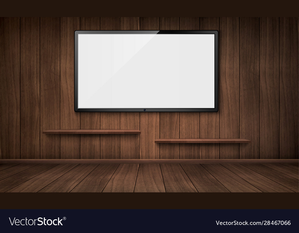 Empty Wooden Room With Tv Screen And Bookshelves Vector Image