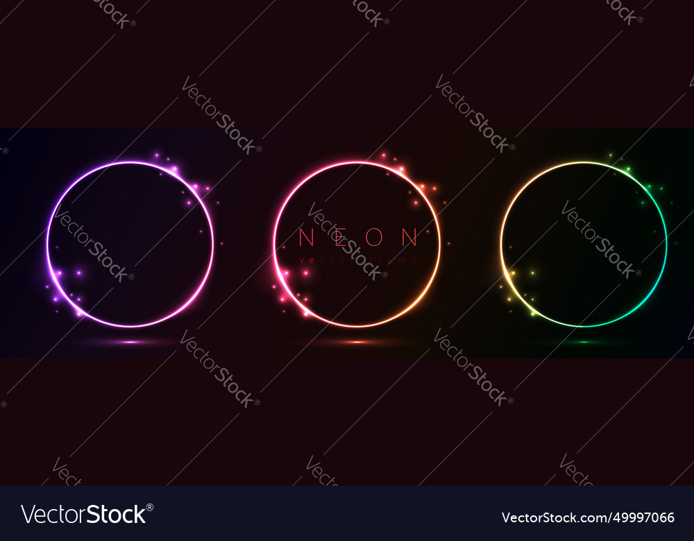 Set of glowing neon color circles round curve