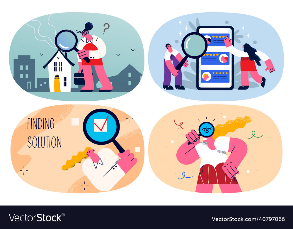 Set of people with magnifier find solution vector image Set of people with magnifier find solution